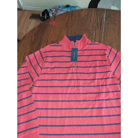 New Boys XL 20 Tommy Hilfiger Red Blue 1/4 Zip Long Sleeve Striped Shirt NWT - Picture 2 of 5
